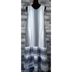 J.Jill White Blue Striped Dress Ruffle Hem Pockets embroidered midi‎ dress sz S